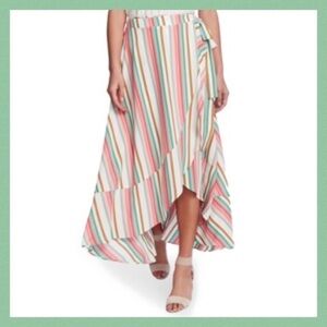 1.STATE Striped Wrap Asymmetrical Ruffle Midi Skirt